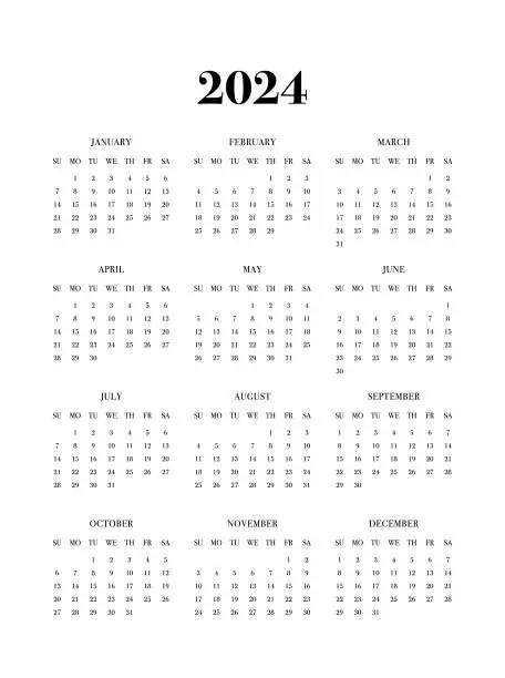 Vector illustration of 12 Month Calendar for 2024, Sunday Start - White Background