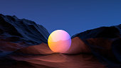Glowing ball on the rocks, mountain. Abstract fantasy landscape. Glowing circle at night in the mountains, wallpaper. 3D render