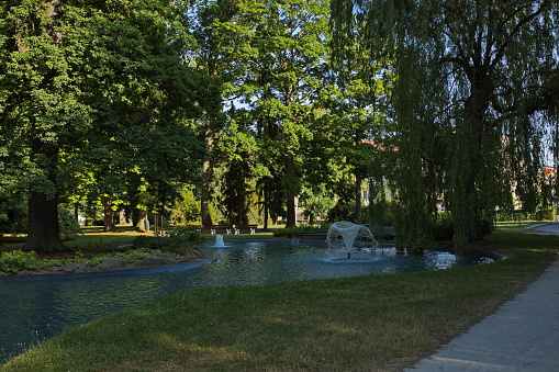 Waterspout fountain in the public park in the Spa town Frantiskovy Lazne in Czech republic,Europe