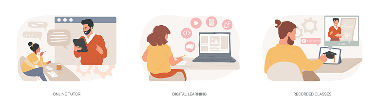 Personal learning isolated concept vector illustration set. Online tutor, digital learning, recorded classes, video call, webinar, smart classroom, training courses, elearning vector concept.