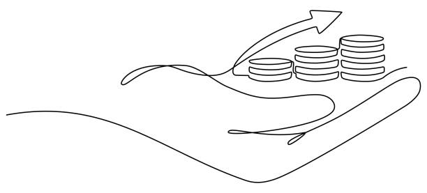 Hand holding coins stack with growing arrow continuous one line drawing. Hand holding coins stack with growing arrow continuous one line drawing. Business concept. Vector illustration isolated on white. coin outline stock illustrations