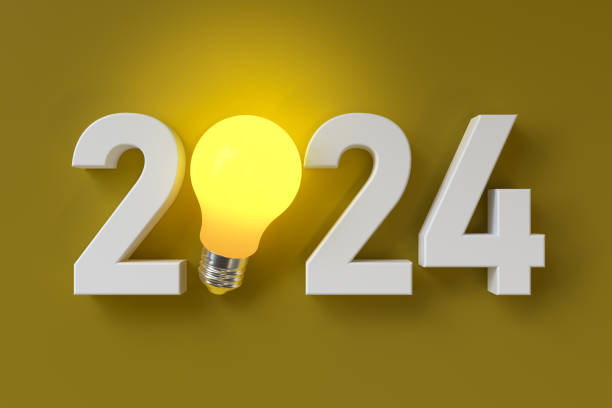 New Year 2024 Text with Light Bulb. 3d Rendering stock photo