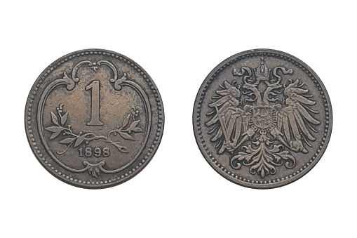 1 Heller 1898 Franz Joseph I. Austrian Empire coin. Obverse The double headed imperial eagle with Habsburg-Lorraine shield on breast. Reverse\nValue above sprays, date below, within curved stylised shield
