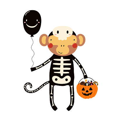 Cute funny monkey in skeleton Halloween costume character illustration. Hand drawn cartoon animal, Scandinavian style flat design, isolated vector. Kids print element, trick or treat, party