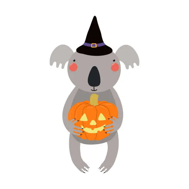 Vector illustration of Cute funny koala in witch hat, Halloween costume character illustration.