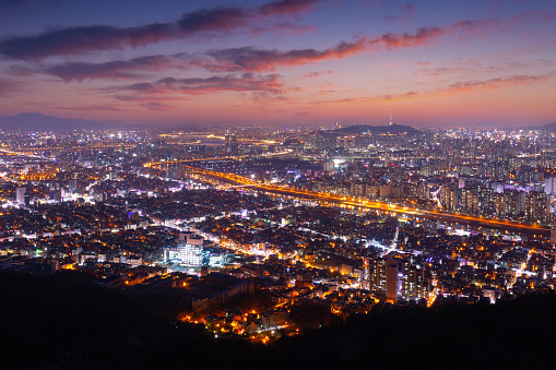 Downtown Seoul after Sunset and Beautiful cityscape with lights, Seoul, South Korea.