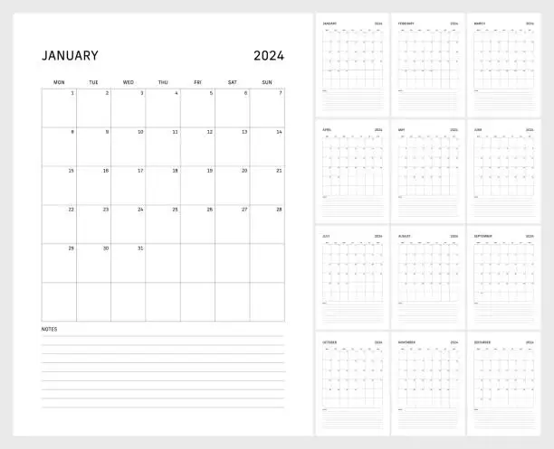 Vector illustration of 12 Pages/Month 2024 Calendar Monday Start