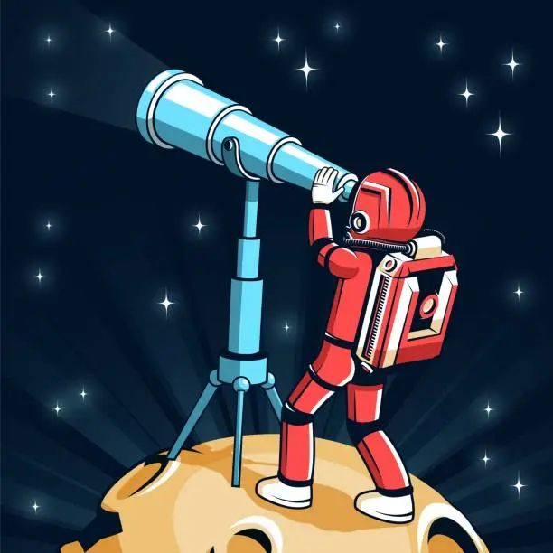 Vector illustration of A cosmonaut in a red spacesuit looks through a telescope