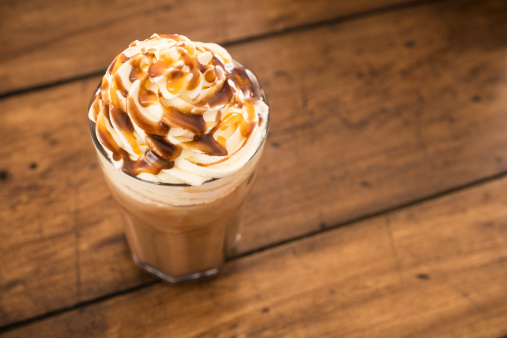 Iced mocha Coffee topped with whipped cream and chocolate and caramel sauce from above with room for Copy.