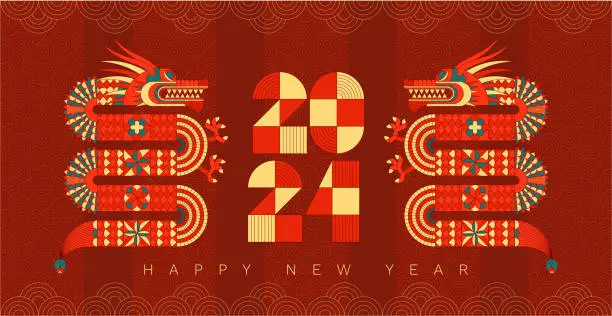 Vector illustration of 2024 Dragon Lunar Chinese New Year card. Modern Geometric Chinese pattern.