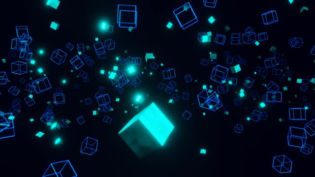 Neon Cube Particles Floating from Below on Black Background 3D Animation