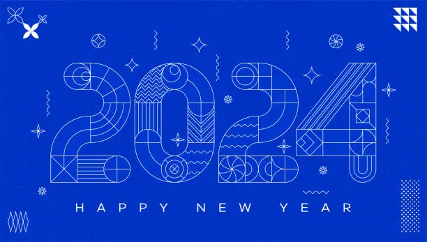 Vector illustration of Blue simple 2024 modern geometric New Year card. Grid based design.