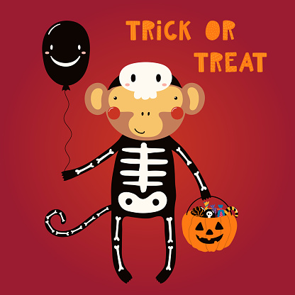 Hand drawn vector illustration of a cute funny monkey in a skeleton costume, with text Trick or treat. Isolated objects. Scandinavian style flat design. Concept for children print, party invitation.