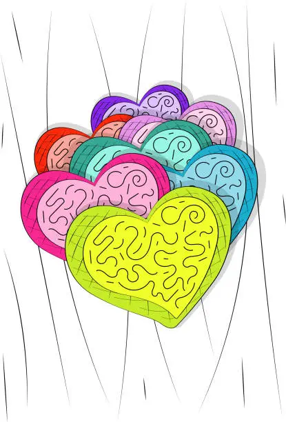 Vector illustration of brightly colored hearts
