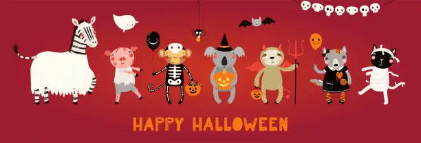 Vector illustration of Kids Halloween cute animals illustration