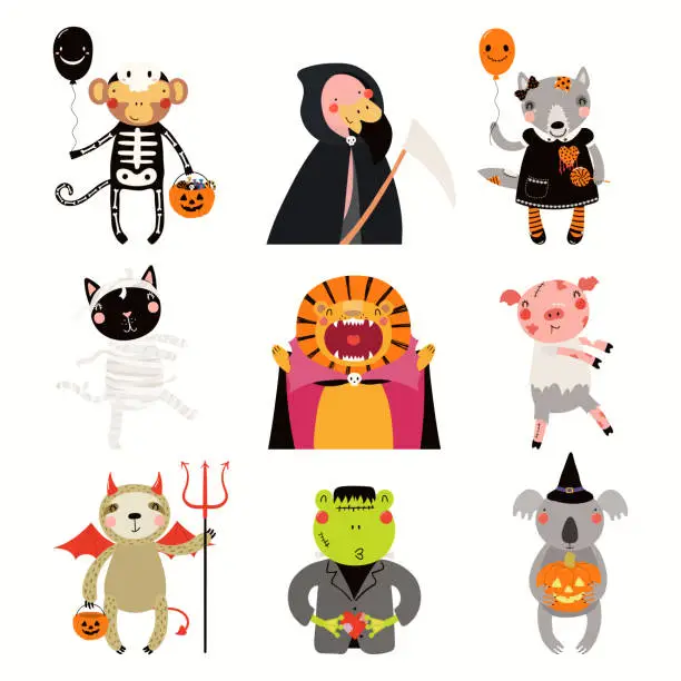 Vector illustration of Halloween set with cute animals