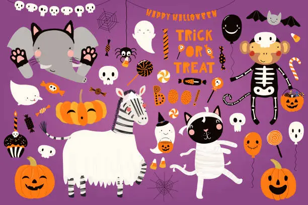 Vector illustration of Big Halloween set with cute animals