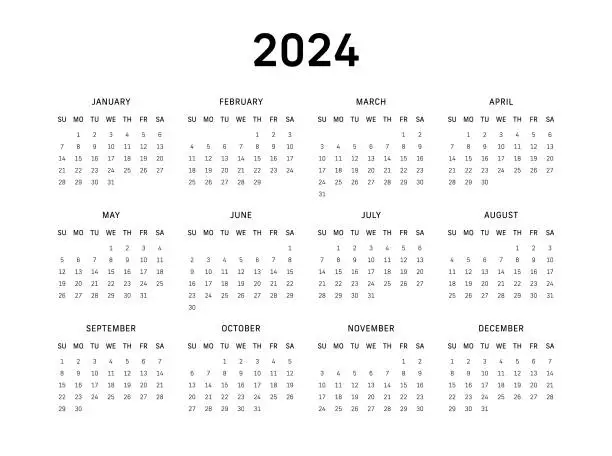 Vector illustration of 12 Month Calendar for 2024, Sunday Start - White Background