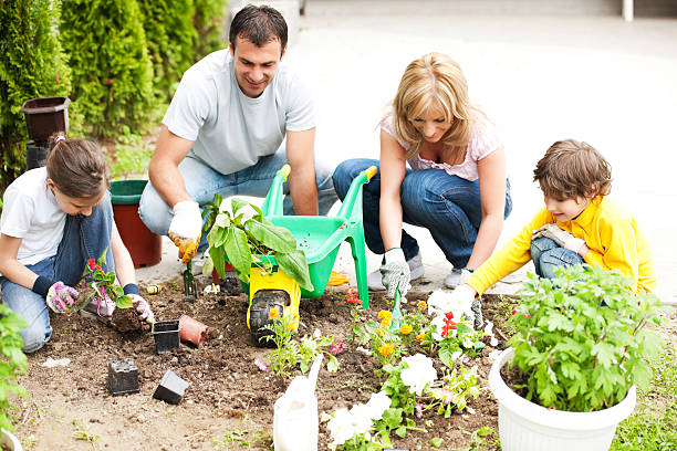 istock Happy family gardening together. 170431496