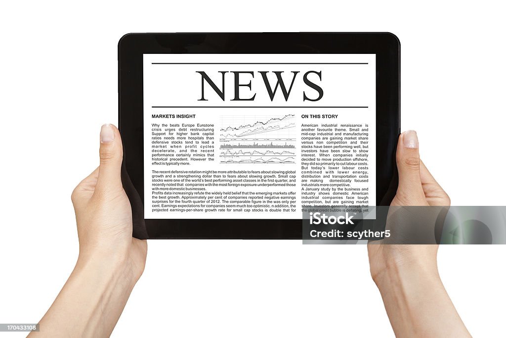 Hands holding tablet with news. Hands holding electronic tablet with news. Isolated on white. Article Stock Photo