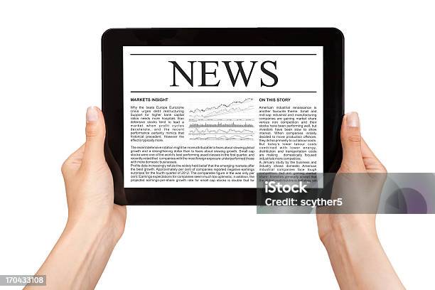 Hands Holding Tablet With News Stock Photo - Download Image Now - Article, Book, Business