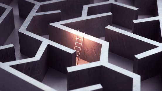 3d Render Maze Concrete and Stairs Orange light, concept of finding a way out (Depth of Field)