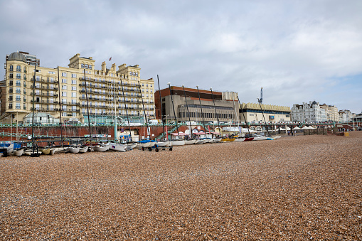 Brighton, United Kingdom - Sep 26, 2023:  Seafront and beach at Brighton in East Sussex, England.