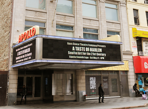 New York City, NY, USA - May 22, 2011:  The Apollo Theatre at 253 West 125th Street between Adam Clayton Powell Jr. Boulevard and Frederick Douglass Boulevard in the Harlem neighborhood of Manhattan, New York City. It is a music hall which is a noted venue for African-American performers.