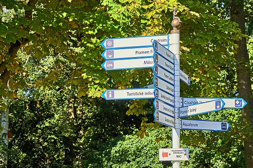 Františkovy Lázně, Czech Republic - September 24, 2023: Signs in the spa park of Franzensbad in the Czech Republic.