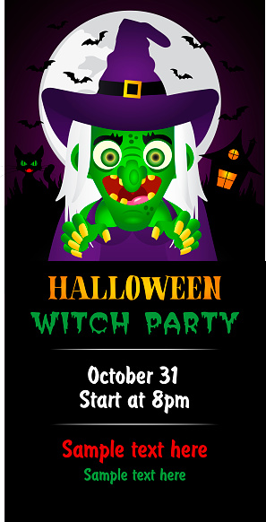 Halloween Zombie Party theme on violet background. Halloween poster with witch. Vector illustration