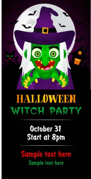 Vector illustration of Halloween Zombie Party theme on violet background. Halloween poster with witch