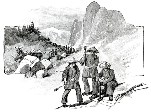 Woodcut of Chinese laborers building a railroad in the Rockies from The Youth's Companion 1897.