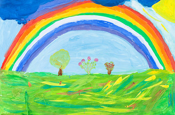 детский paiting-радуга на зеленой земле - childs drawing stock illustrations