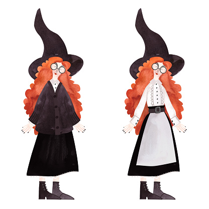 A slender, beautiful, smiling, cheerful young witch with a mop of bright red curls wearing glasses, a white vintage blouse, a black skirt and boots with laces and pointed hat. Watercolor hand drawn isolated illustration on white background. Character.