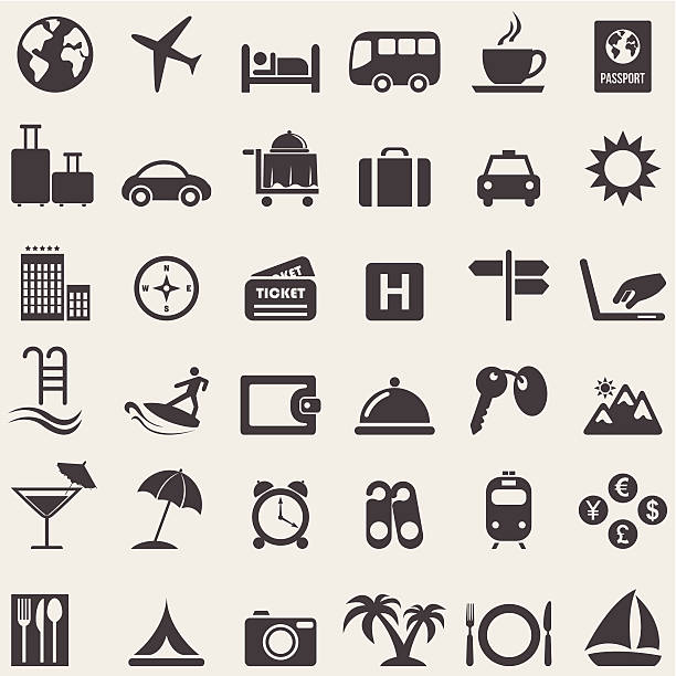 ilustraciones, imágenes clip art, dibujos animados e iconos de stock de viajes iconos set.vector completa - actividades recreativas