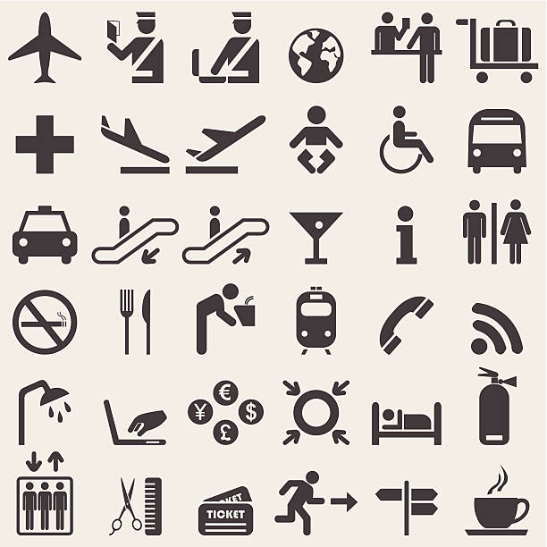 Vector illustration of black airport icons Airport  complete icons set. Vector airport symbols stock illustrations