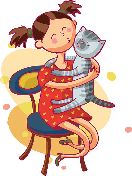 girl and kitty vector art illustration