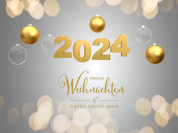 Message "Merry Christmas & Happy New Year" in German "Frohe Weihnachten & Gutes Neues Jahr". The golden numbers 2024 hanging on strings surrounded by golden and glass christmas baubles. Bokeh