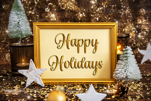 Golden Frame With Text Happy Holidays, Golden And Glittering Christmas Decoration, Winter Background