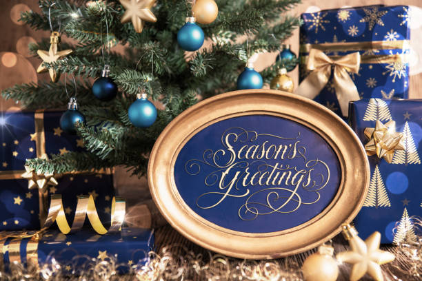 istock Oval Frame With Text Seasons Greetings, Christmas Tree Background 1704463448
