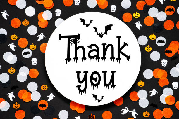 Decoration For Halloween And Autumn In Orange, Black and White With Text Thank You
