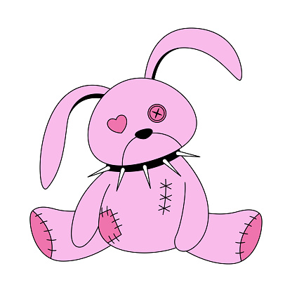 Old plush bunny toy with seams, patches and button eye. Emo goth rabbit toy wearing spiked collar. Y2k gothic animal doll. Pink and black color concept. Vector illustration