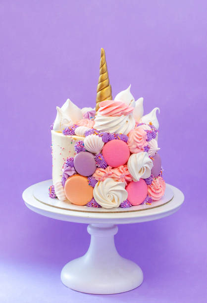 istock Colorful birthday cake with sprinkles, pink, blue and purple deocrations. Plain background, copy space 1704488308