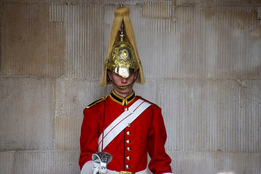 London, UK - September 24 2023: Household Cavalry regiment guard on duty at Horse Guards building in Westminster.