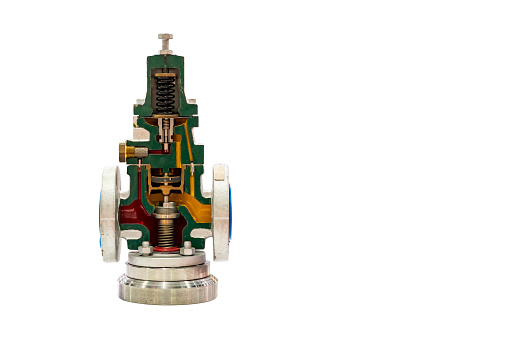 cut away cross section show detail inside pneumatic actuator and globe vale for control flow rate of liquid fluid water or gas in industrial isolated on white with clipping path