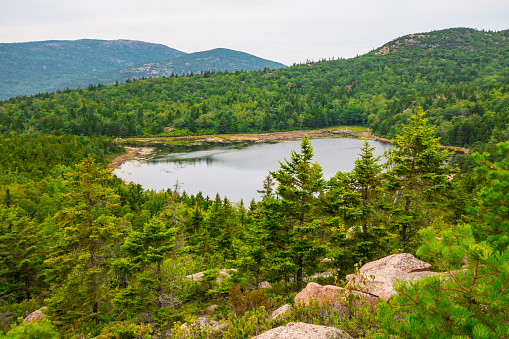 Views hiking beehive loop in Acadia National park. Greenery, rocky coastline, and lakes, and Sand Beach, seen from a top the mountain.