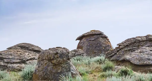 Photo of Unusual spherical shape of stones in the Kazakh steppe Mangistau, valley of balls in nature Torysh