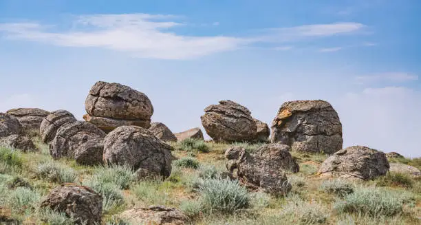Photo of Unusual spherical shape of stones in the Kazakh steppe Mangistau, valley of balls in nature Torysh