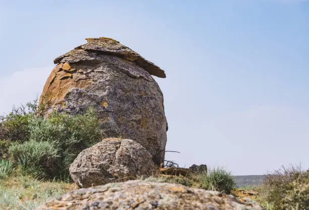 Photo of Unusual spherical shape of stones in the Kazakh steppe Mangistau, valley of balls in nature Torysh