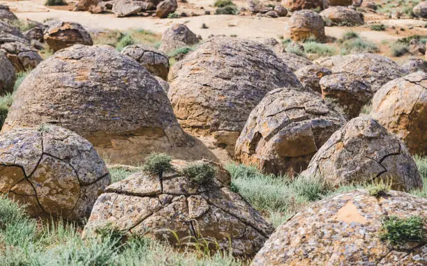 Photo of Unusual spherical shape of stones in the Kazakh steppe Mangistau, valley of balls in nature Torysh